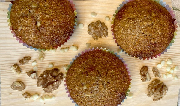 Muffins integrali con farina Verna, noci e cioccolato bianco
