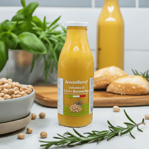 Scena luminosa e naturale con bottiglia di vellutata AmoreTerra affiancata da pane artigianale, ceci secchi e rametto di rosmarino su sfondo chiaro, perfetta per comunicare genuinità e ingredienti selezionati.