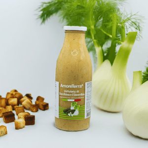 Bottiglia di vellutata di zucchina e finocchio AmoreTerra con ingredienti naturali visibili: un’immagine luminosa che trasmette genuinità e semplicità.